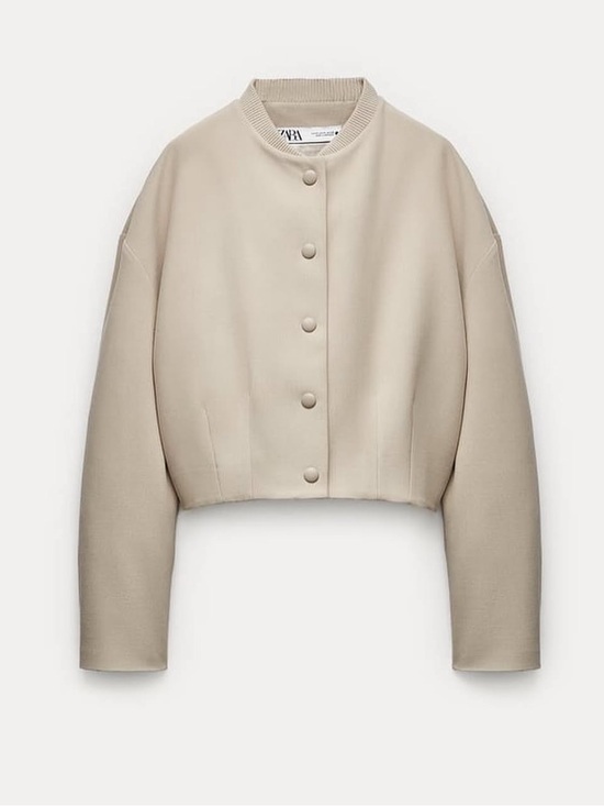 Zara Jackets & Blazers - Zara Beige Cropped Button-Front Bomber Jacket